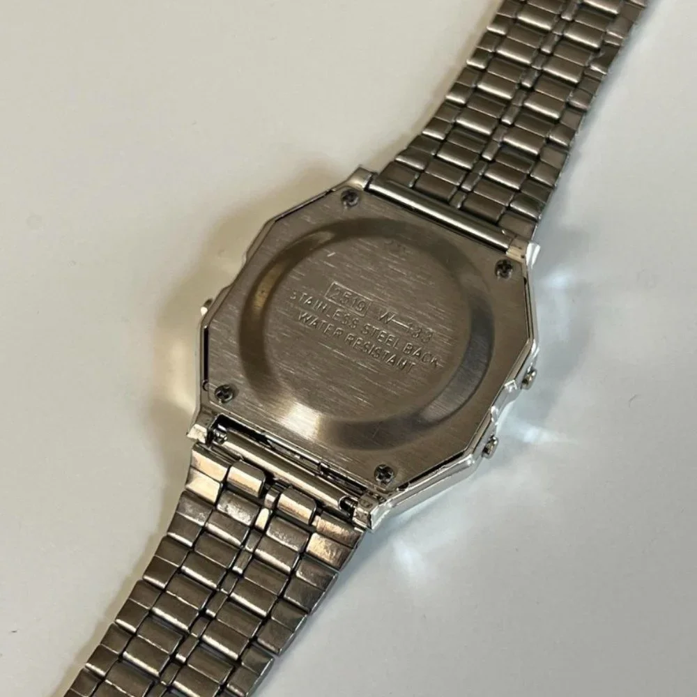 Y2K 2000s vintage retro style silver stainless steel digital watch